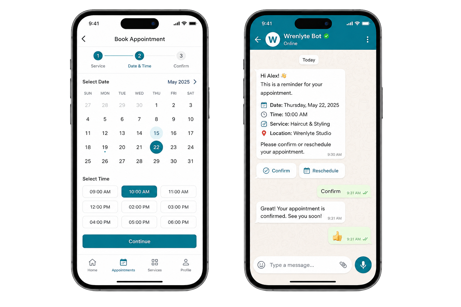 Mobile app interface mockups for booking and messaging